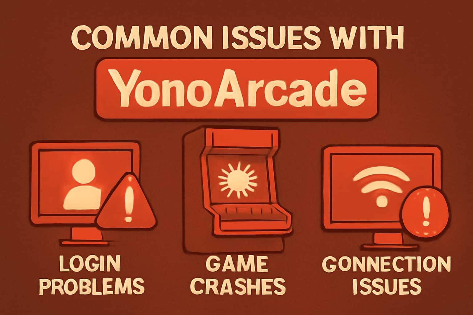 A neutral informational scene featuring the text 'Common Issues with YonoArcade' in a modern design.